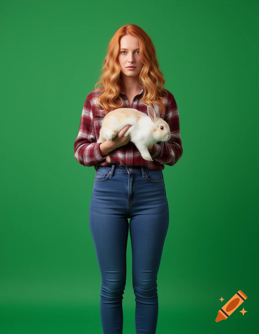 A woman with reddish-blonde hair in a flannel shirt and jeans holds a rabbit against a green background.