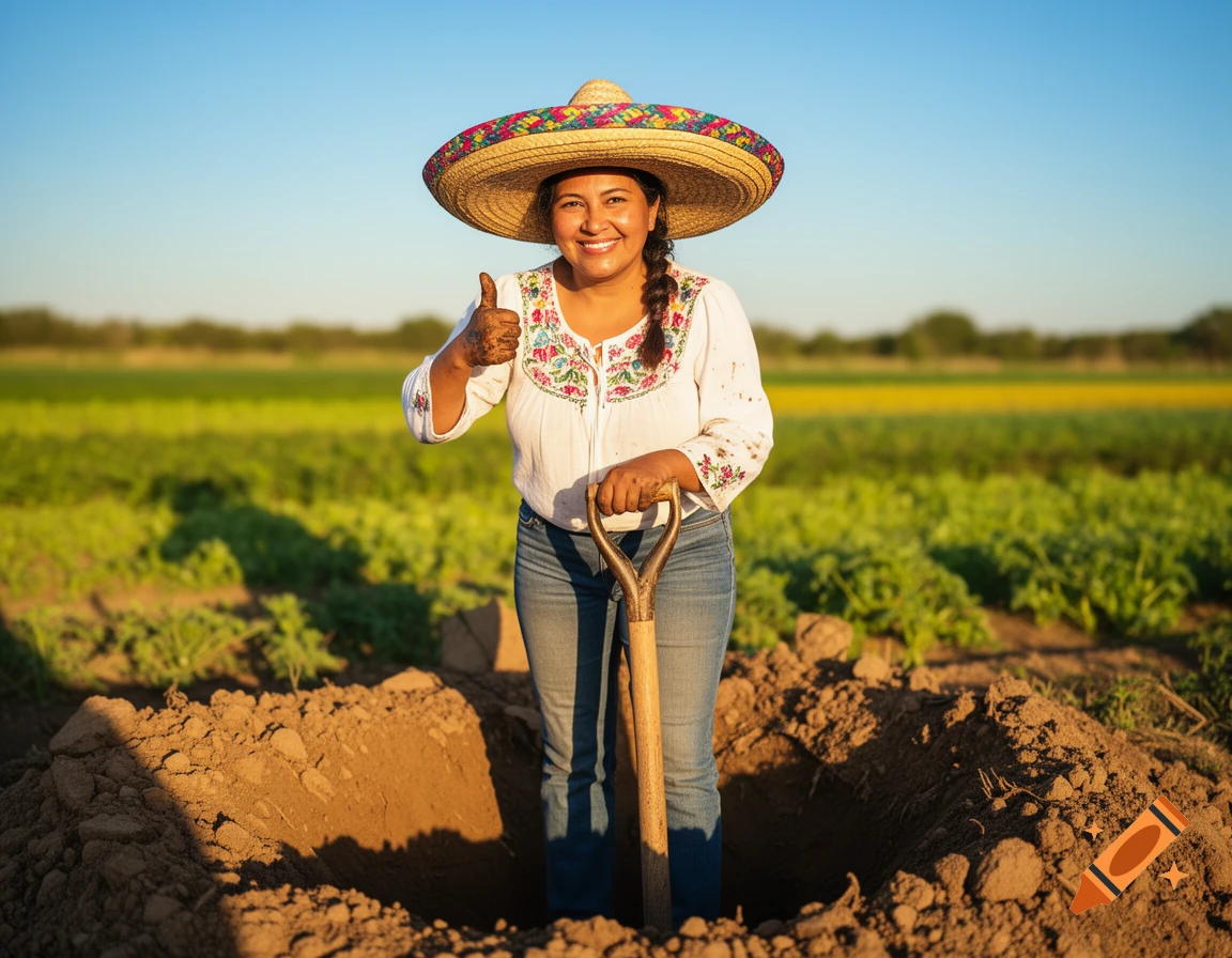 A smiling female farmer in a sombrero gives a thumbs up while digging a hole in a sunny field.
