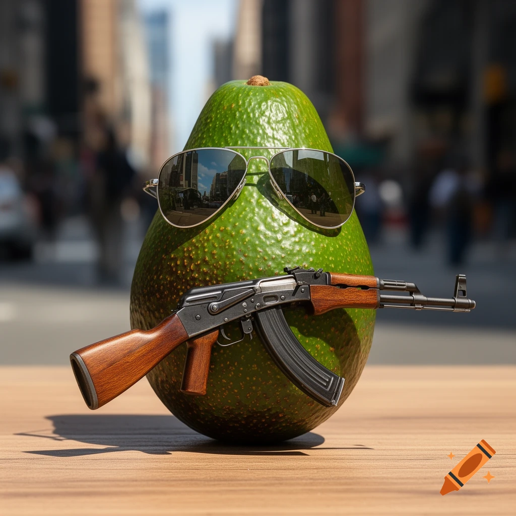 A photorealistic avocado wearing sunglasses and holding an AK-47 rifle stands on a wooden table in a city street.