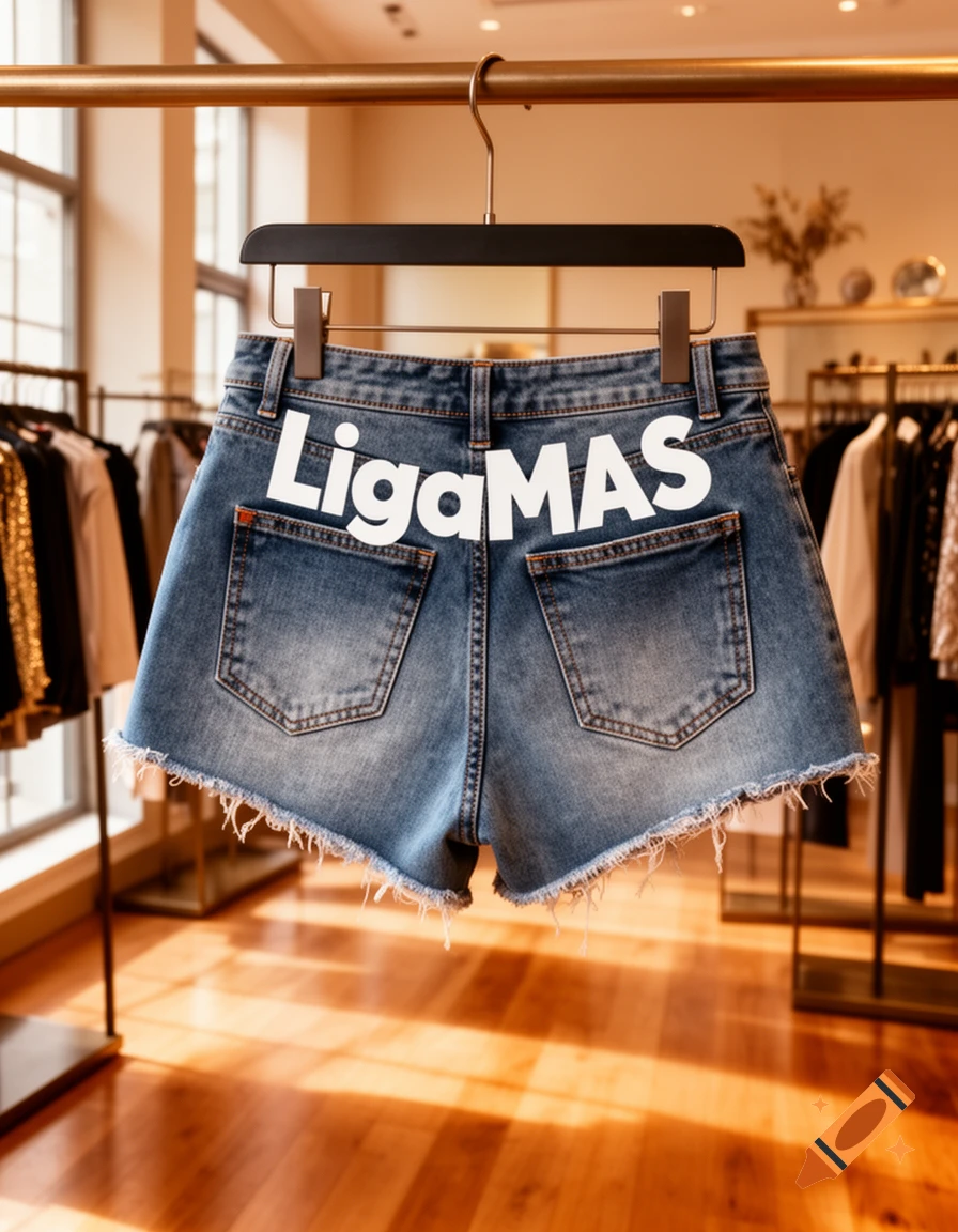Photorealistic image of denim shorts with 'LigaMAS' text hanging on a rack in a clothing store.