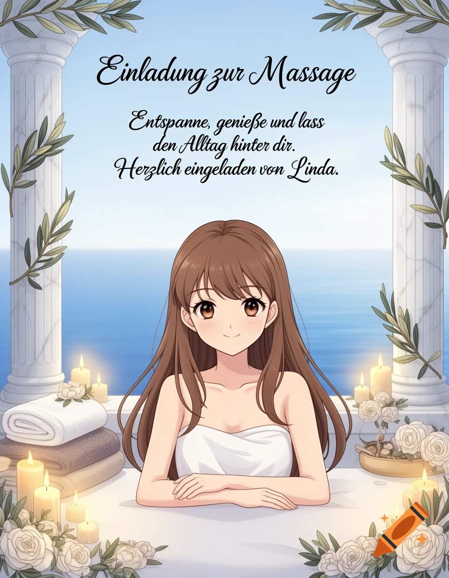 Anime girl Linda in a spa setting with candles, towels, and sea view, with 'Einladung zur Massage' text.