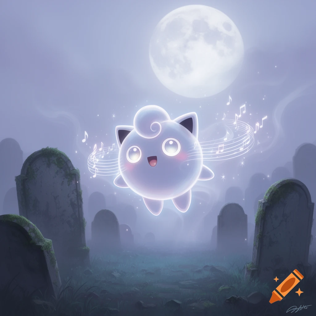 A cute, glowing, ghost-like Jigglypuff floats in a misty graveyard under a full moon, surrounded by musical notes.