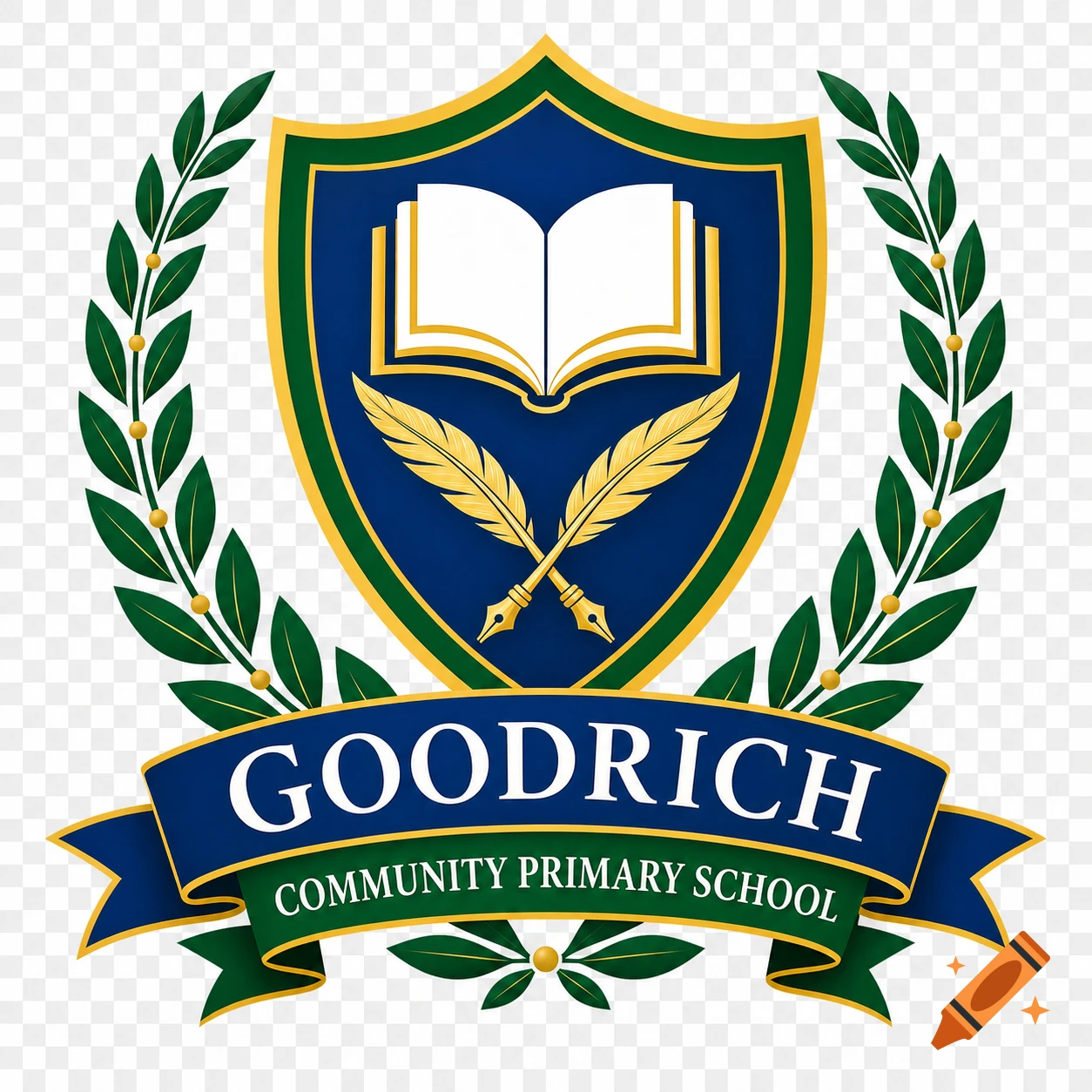 Goodrich Community Primary School logo featuring a blue and gold shield, open book, crossed quills, green laurel wreath, and ribbons with text.