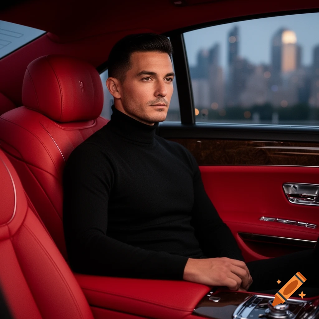 A man in a black turtleneck sits in a luxury red leather car, looking thoughtfully out the window at a cityscape.