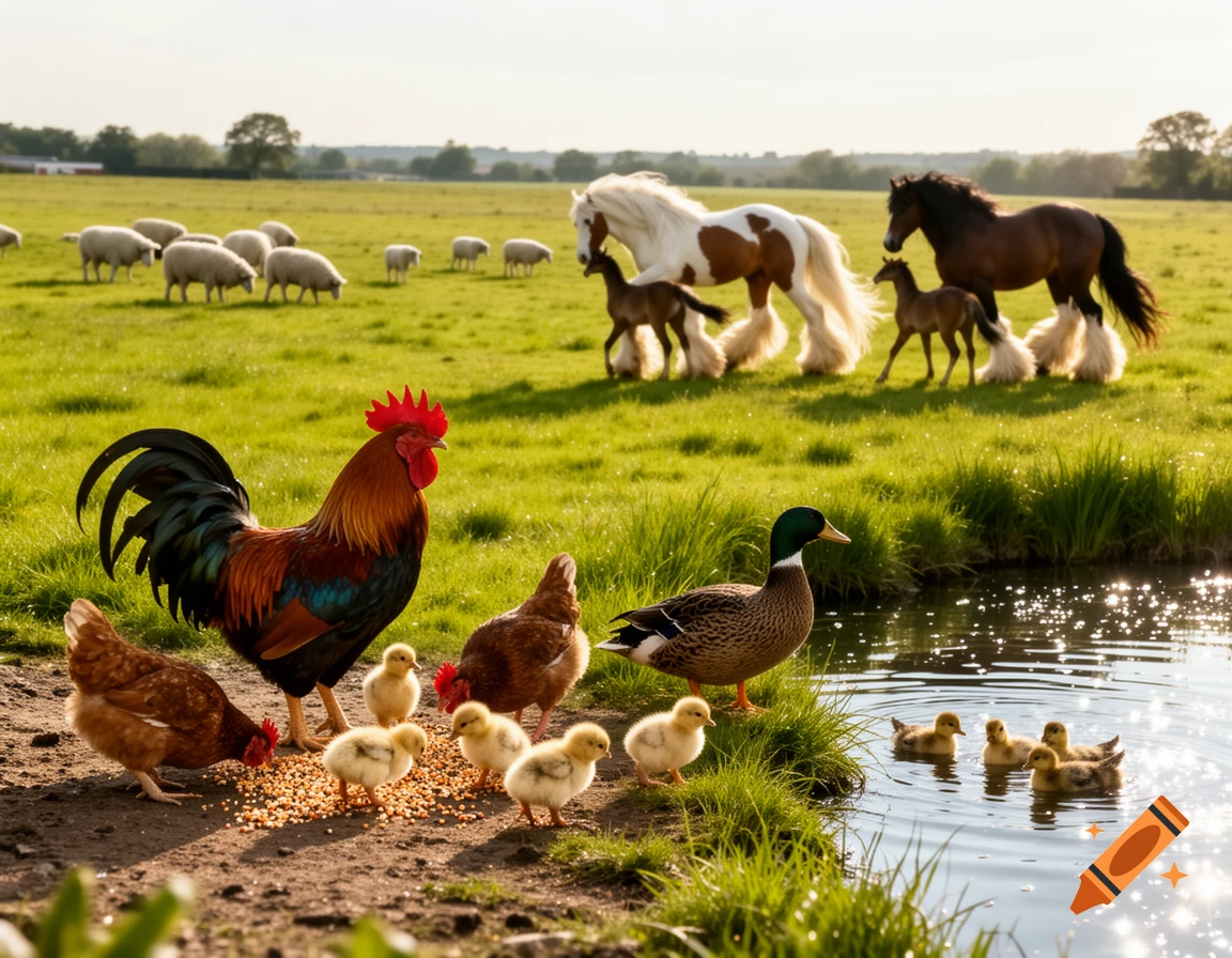 A vibrant farm scene with a rooster, hens, chicks, a duck, and ducklings by a pond, with horses and sheep in a sunny green field.