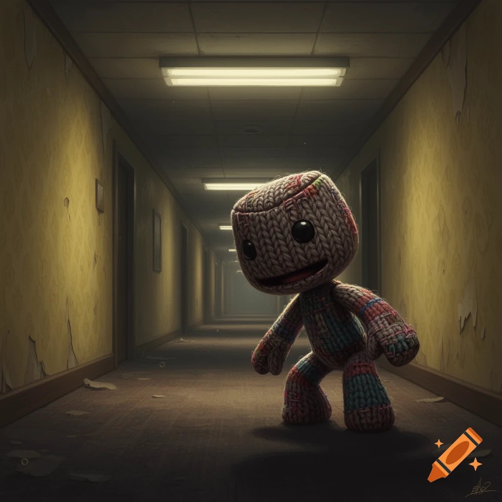 Sackboy stands in a creepy, dimly lit backrooms hallway with peeling yellow wallpaper, looking towards the viewer.
