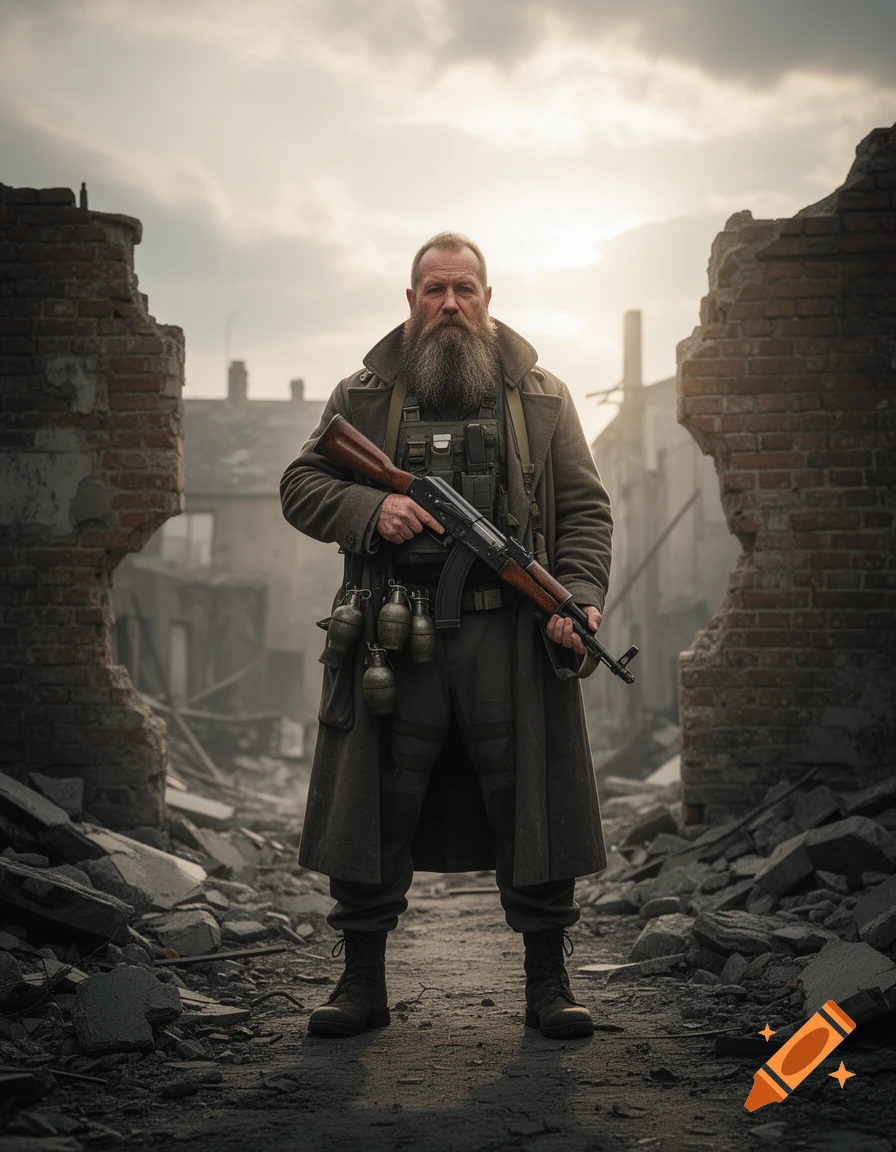 A photorealistic image of a bearded man in a long coat and military gear, holding an AK-47, standing in a destroyed city.