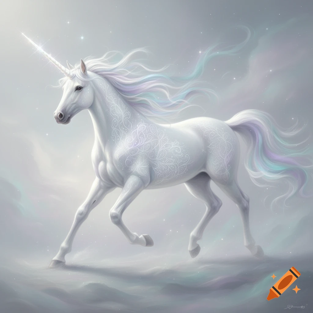 A glowing white unicorn with a sparkling horn and long, pastel-colored mane runs through an ethereal, cloudy sky with stars.