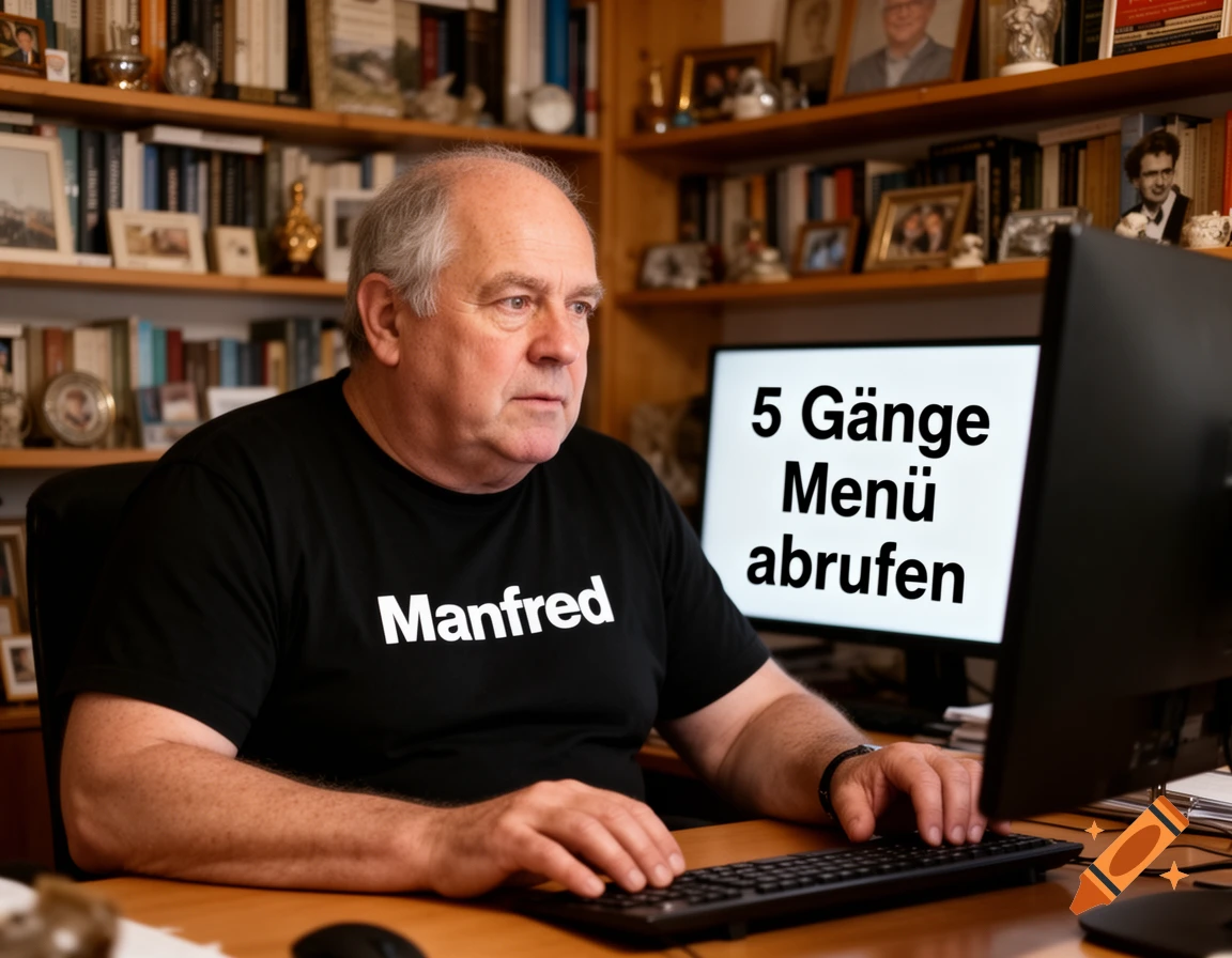 A man in a 'Manfred' t-shirt types at a PC, its screen showing '5 Gänge Menü abrufen' in a photorealistic style.