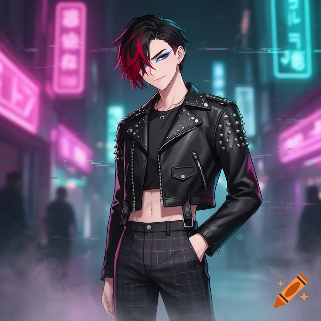 An anime-style character with black and red hair, blue eyeliner, a studded leather jacket, a black crop top, and plaid pants stands in a neon-lit city street.