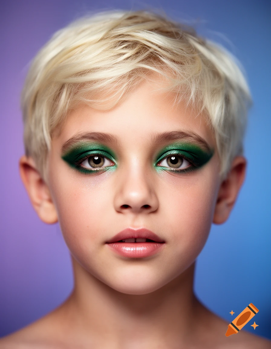 Close-up portrait of a child with short blonde hair and dramatic green eyeshadow against a gradient purple and blue background.