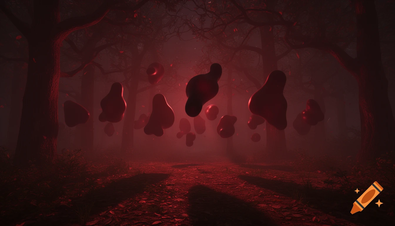 Dark, foggy forest at night illuminated by a red glow, with numerous glowing red and dark red amoeba-like shapes floating among the trees.