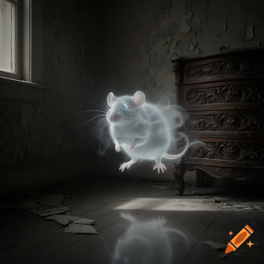 A glowing white ghost rat floats in a dimly lit, decaying room with peeling paint, a window, and a dark wooden dresser.
