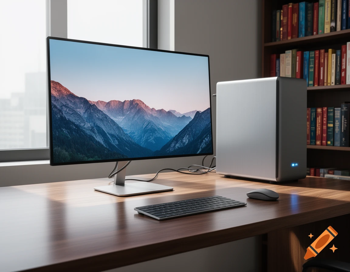 A modern computer setup on a wooden desk with a large monitor displaying mountains, a sleek PC tower, keyboard, and mouse, next to a window and a bookshelf.