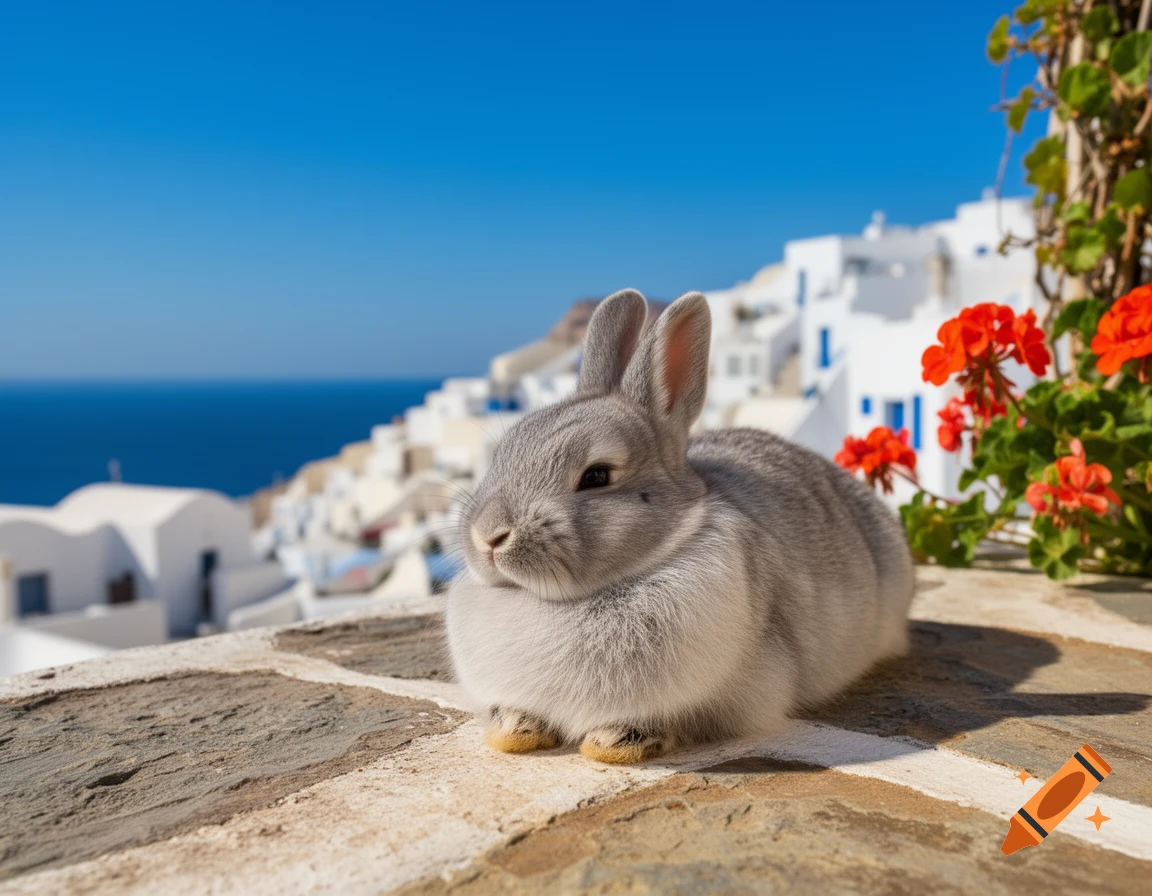 A fluffy grey rabbit sits on a stone wall, overlooking a white Greek island village and the blue sea under a clear sky, with red flowers.
