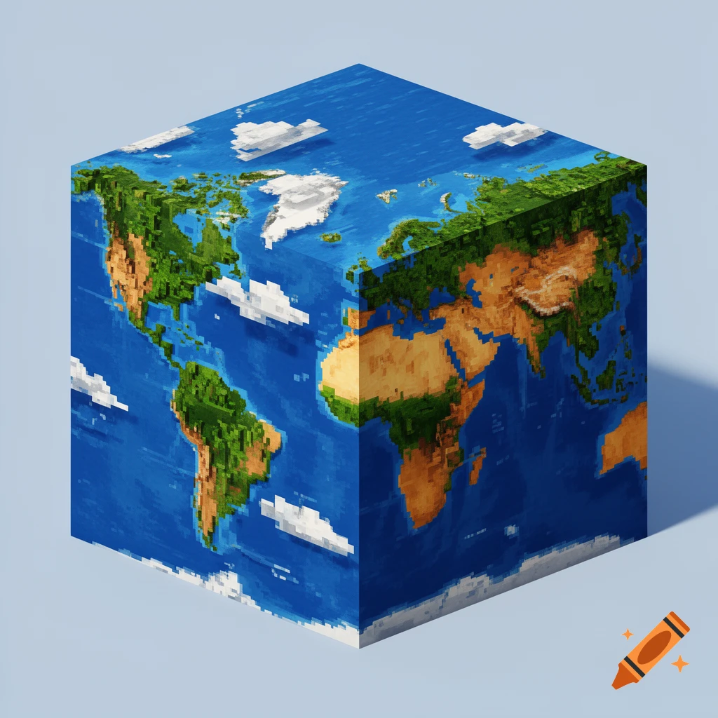 A cubic Earth model with pixelated continents, oceans, and clouds, rendered in a Minecraft voxel art style.