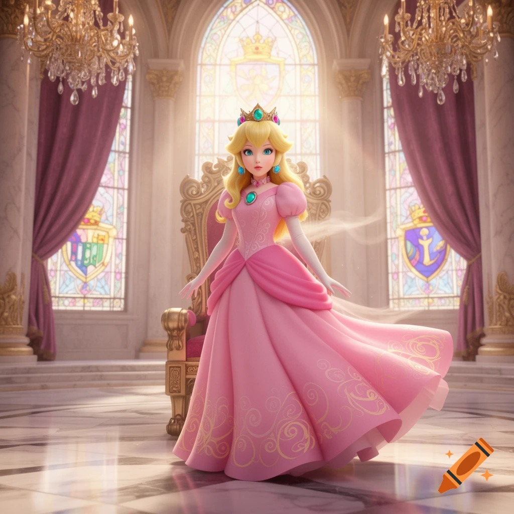 Princess Peach stands gracefully in a grand palace hall with a golden throne, chandeliers, and stained glass windows.