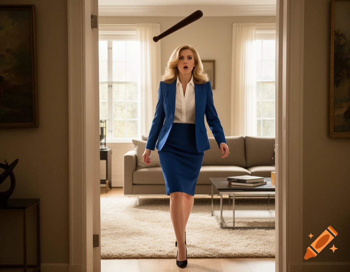 A blonde woman in a blue skirt suit and white blouse looks surprised in a living room as a baseball bat floats above her head.