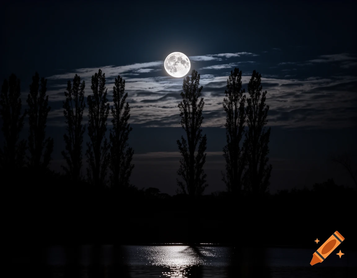 A full moon shines brightly in a dark night sky above silhouetted trees and reflects on a calm body of water.
