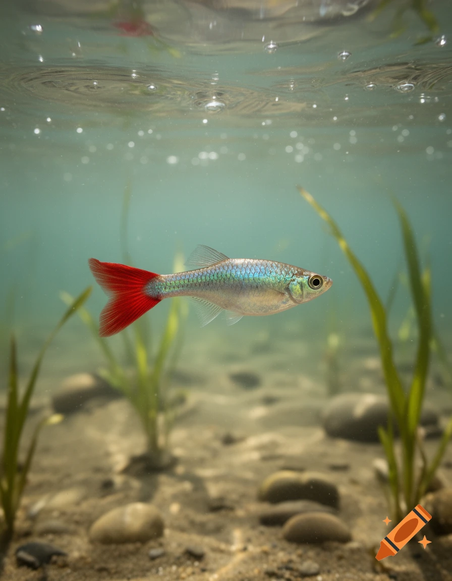 A photorealistic shot of a colorful fish with a red tail fin swimming in clear shallow water, with green plants and pebbles on the sandy bottom visible below, and the water surface above.