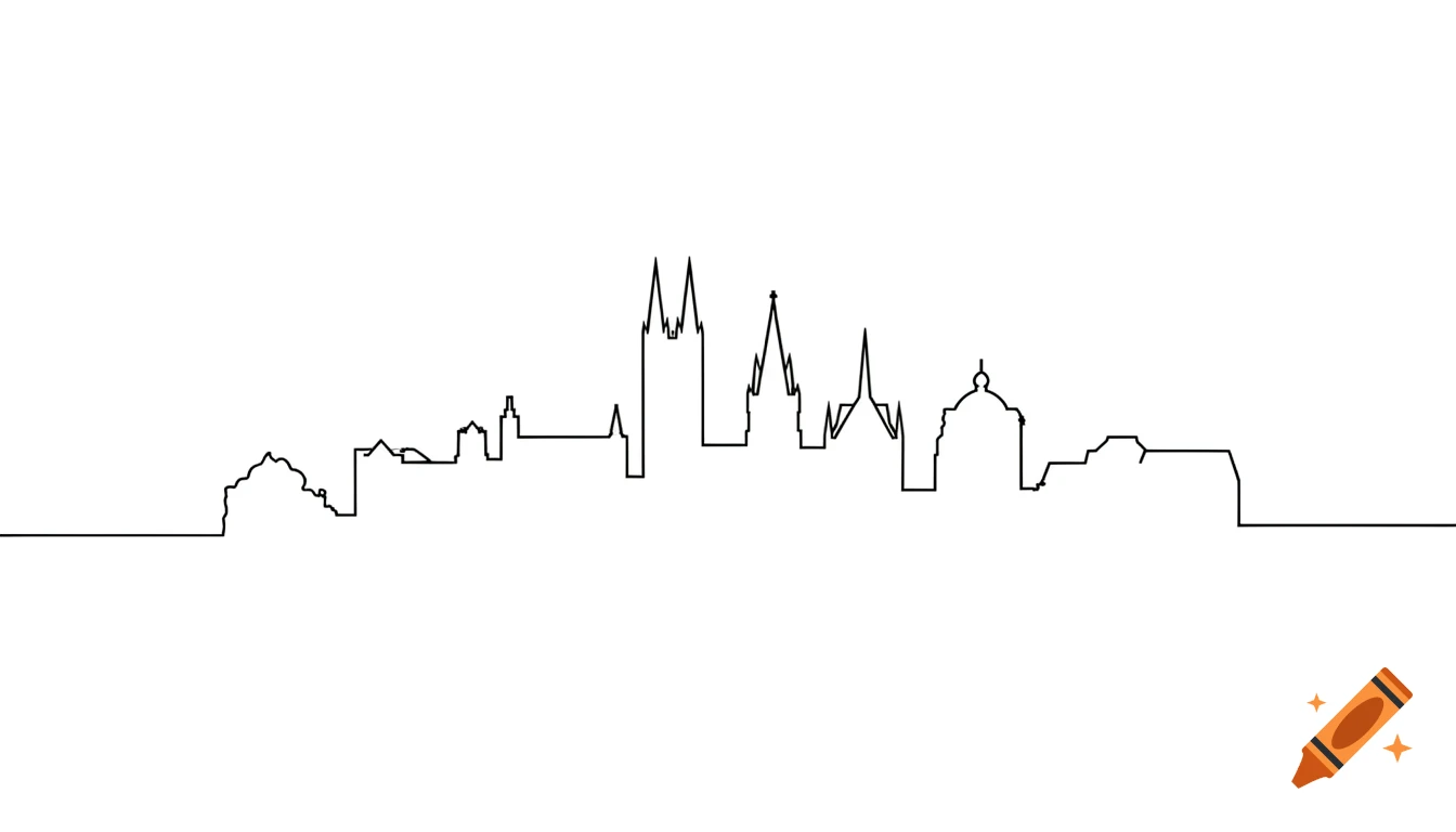 A minimalist black line drawing depicts the skyline of a city, with various buildings and spires against a white background.