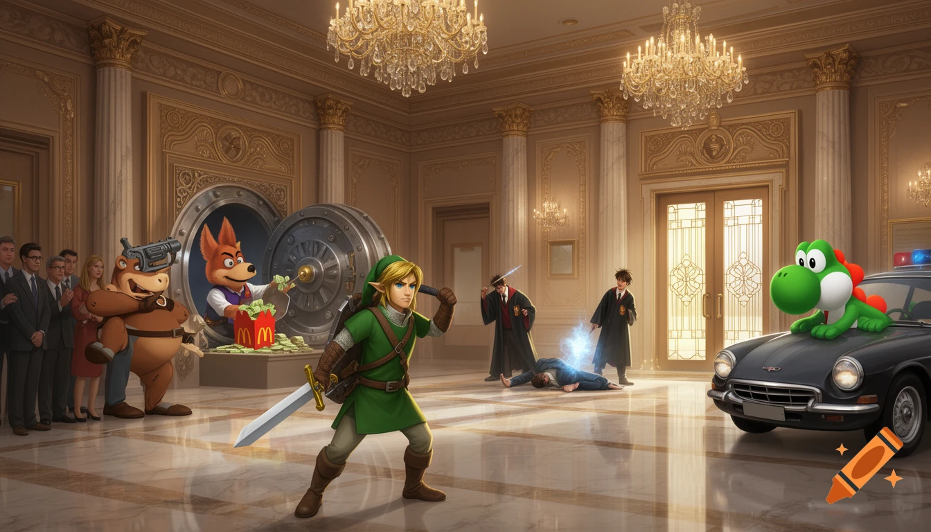 Link, Hamburglar, and QuickDraw McGraw rob a fancy bank, while Harry Potter incapacitates a guard and Yoshi waits in a car.