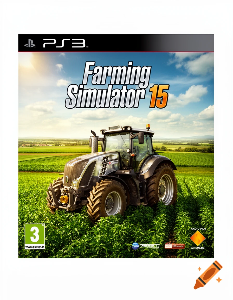Box art for Farming Simulator 15 on PS3, featuring a silver tractor in a green field under a blue sky.