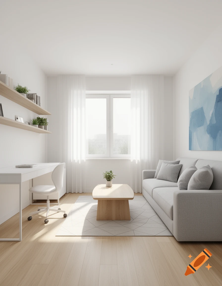 Bright, minimalist modern living room and office with a white desk, grey sofa, wood coffee table, and blue abstract art.