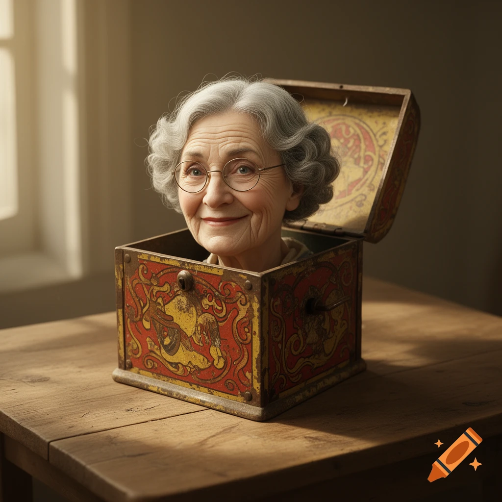 Smiling old woman's head with grey hair and glasses inside a decorative red and gold jack-in-the-box on a wooden table.