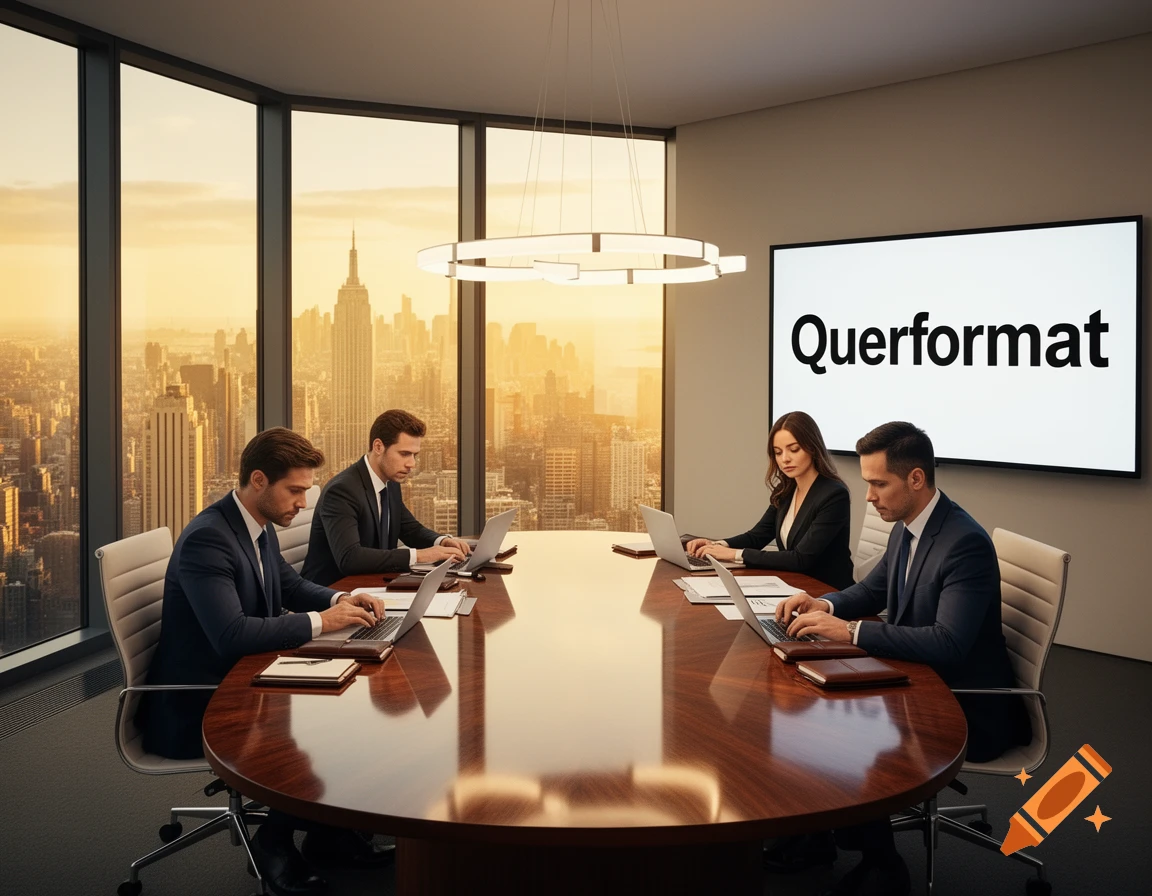 Four business people in a modern high-rise meeting room work on laptops, with a sunset city skyline view and a screen displaying "Querformat".