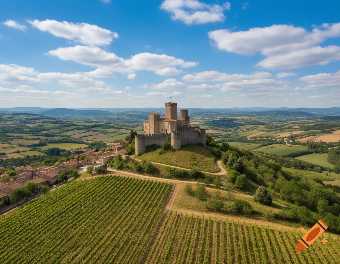 A historic castle stands on a hilltop, overlooking a sprawling valley with vineyards and a small village under a bright blue sky.