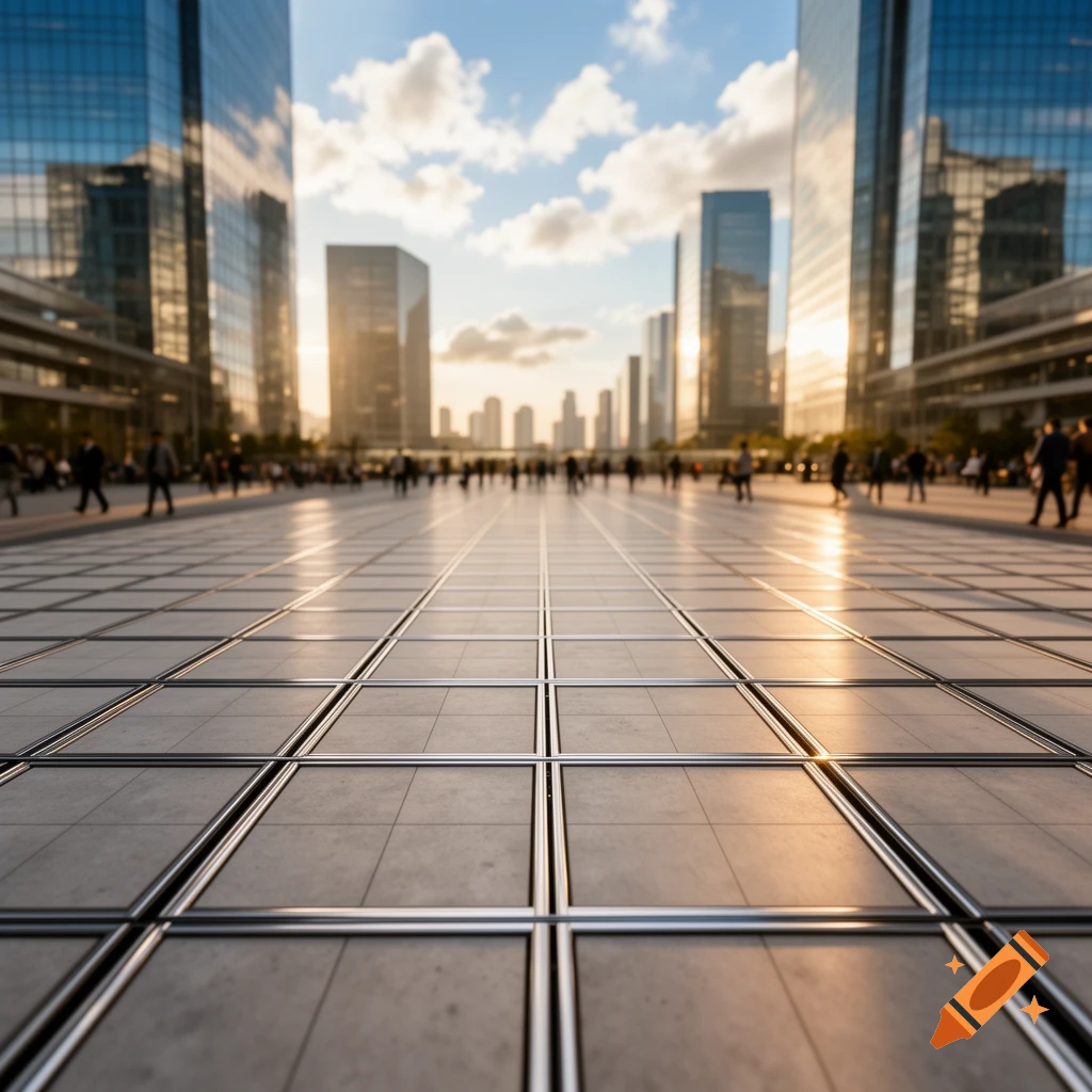 Photorealistic image of a modern city square with tall glass buildings, a grid-patterned ground, and blurred people walking at sunset.