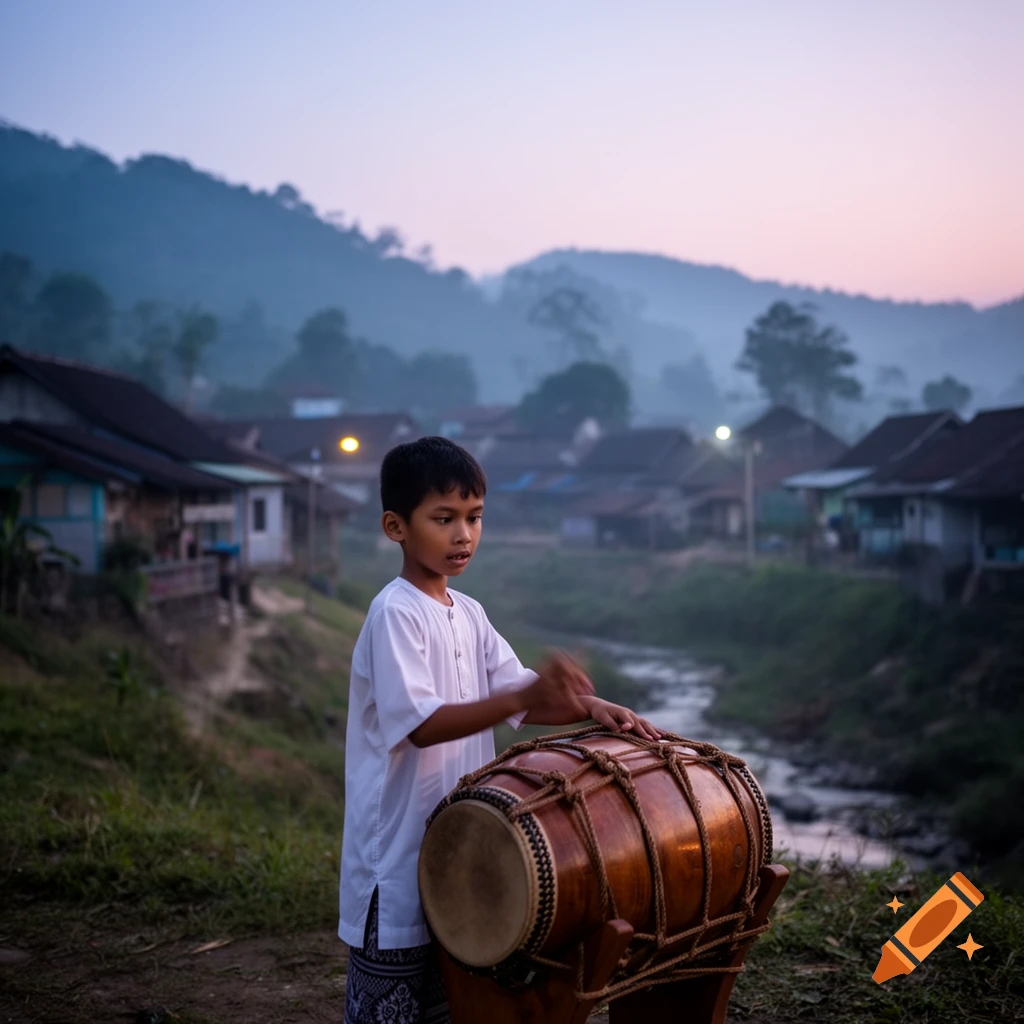 Young boy plays a traditional drum in a misty rural village at dusk, photorealistic style.