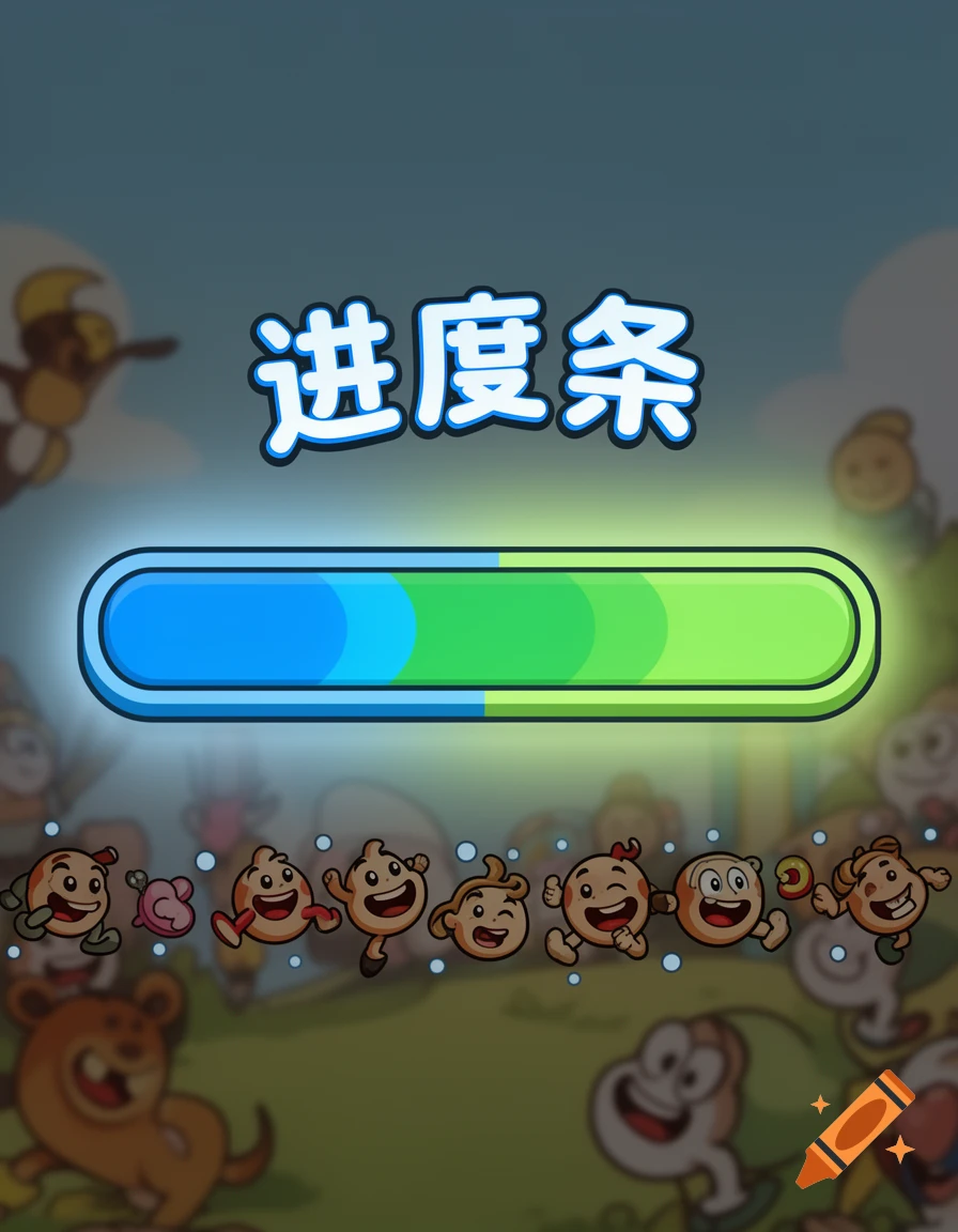 A cartoon progress bar filled with blue and green, set against a background of whimsical, happy blob-like characters.