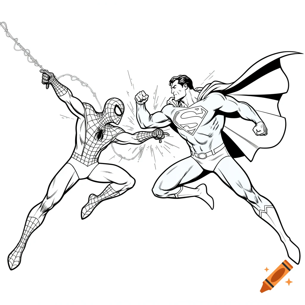Spider-Man and Superman depicted in a black and white comic book style line art, facing each other in an action pose.