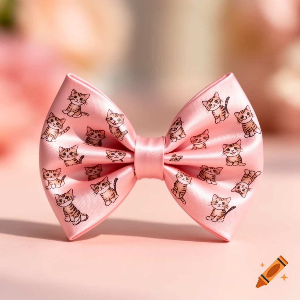 A shiny pink satin bow adorned with many small, cartoon-style tabby kittens in various poses.