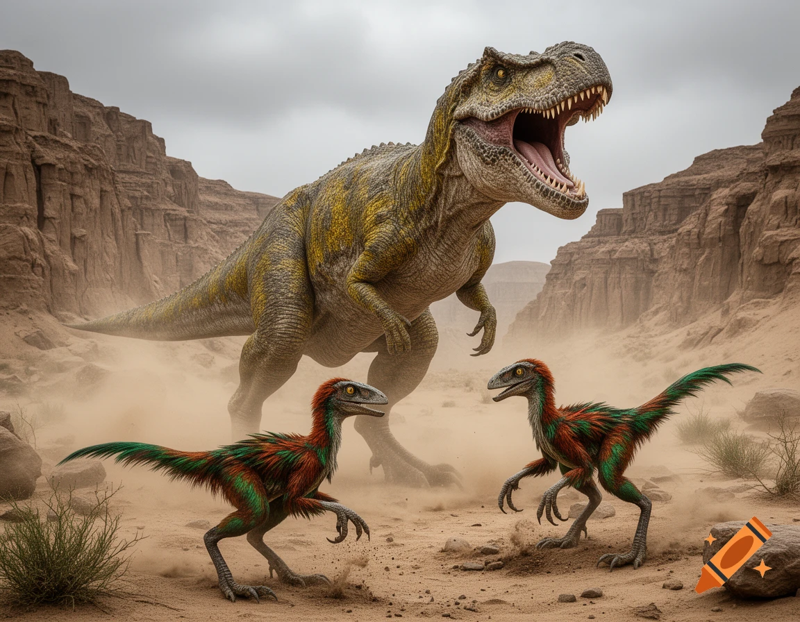A large roaring Tarbosaurus stands behind two smaller, colorful feathered Velociraptors in a dusty desert canyon. Photorealistic.