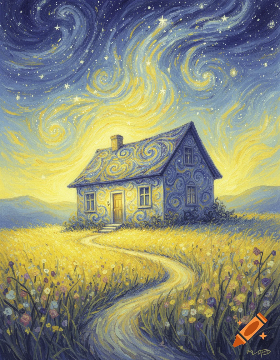A painting of a house with swirling patterns on its roof, nestled in a yellow field under a starry, blue and yellow swirling sky.
