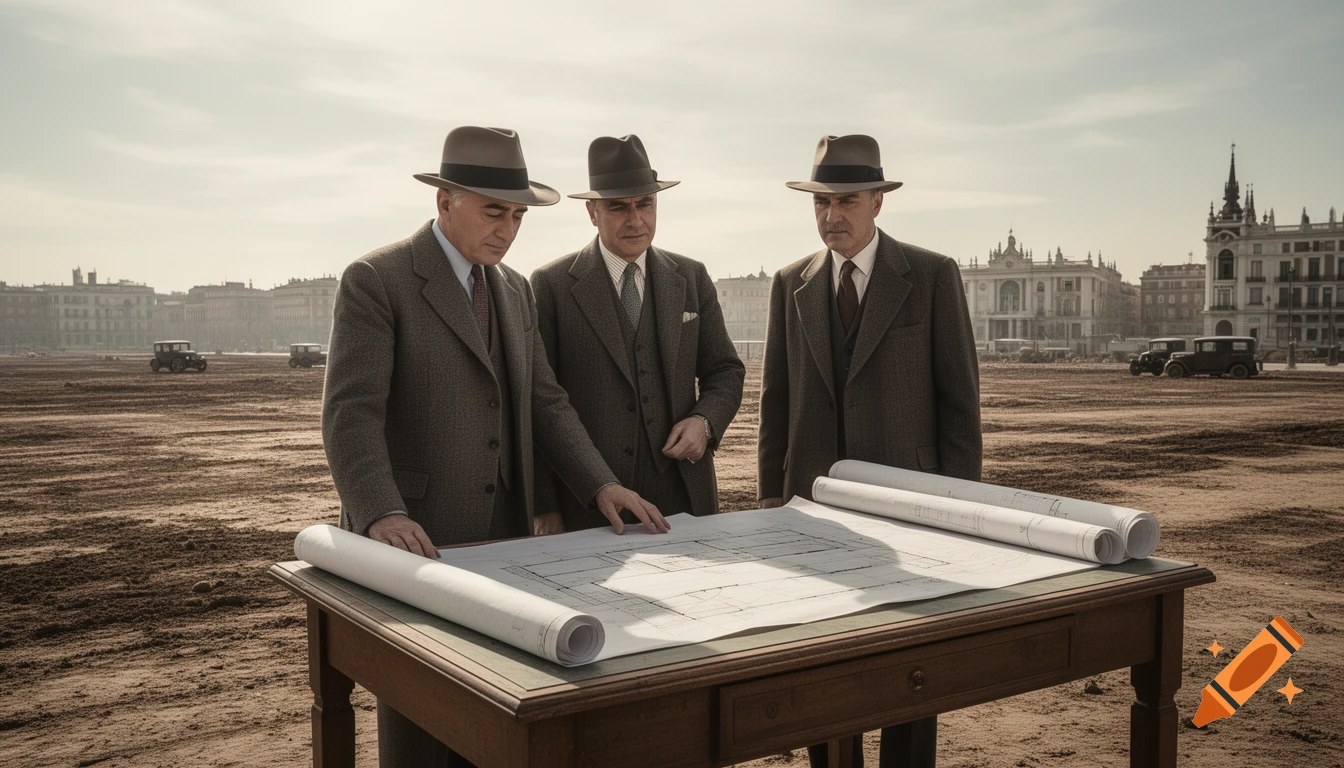 Three men in 1940s suits and hats examine blueprints on an empty dirt lot with vintage cars and city buildings in the background, photorealistic.