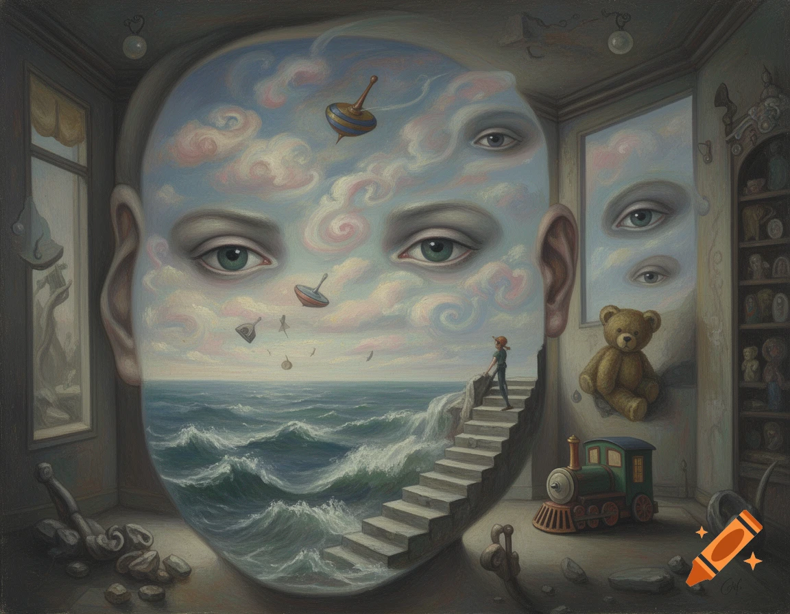 Surreal oil painting of a human head as a room, ocean and stairs inside, floating eyes, childhood toys in a cloudy sky, small person on stairs.