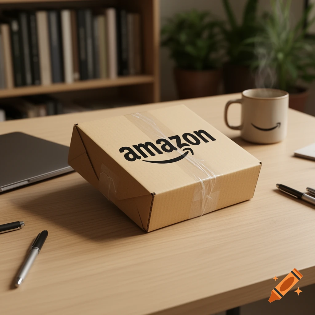 An Amazon package on a wooden desk with a laptop, pens, and a steaming mug. A bookshelf is in the background.