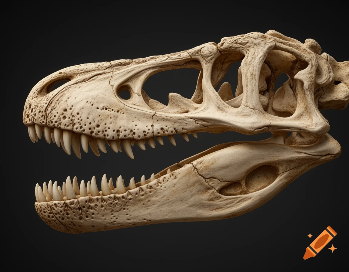 Photorealistic scientific illustration of an Ornitholestes hermanni dinosaur skull against a dark background.