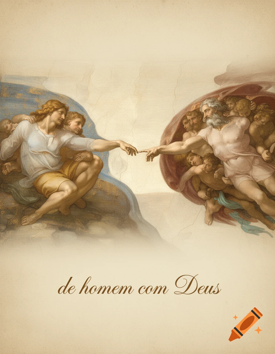 Stylized depiction of Michelangelo's Creation of Adam, with God and Adam reaching, and 'de homem com Deus' text.