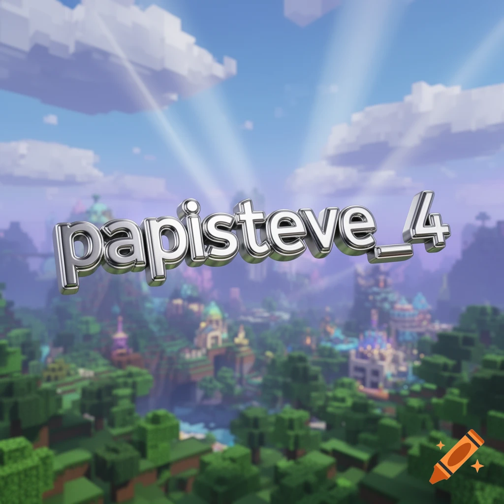 Shiny 3D text 'papisteve_4' floats over a blocky, colorful video game landscape with castles and trees.