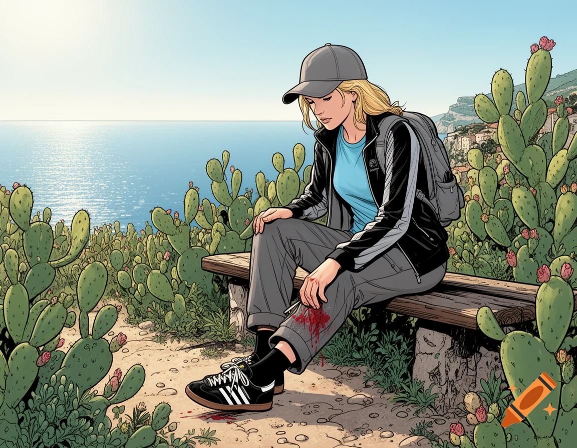 A woman in comic style sits on a bench overlooking the sea, surrounded by cacti. She wears a cap, jacket, and sneakers, with a small bloodstain on her pants.