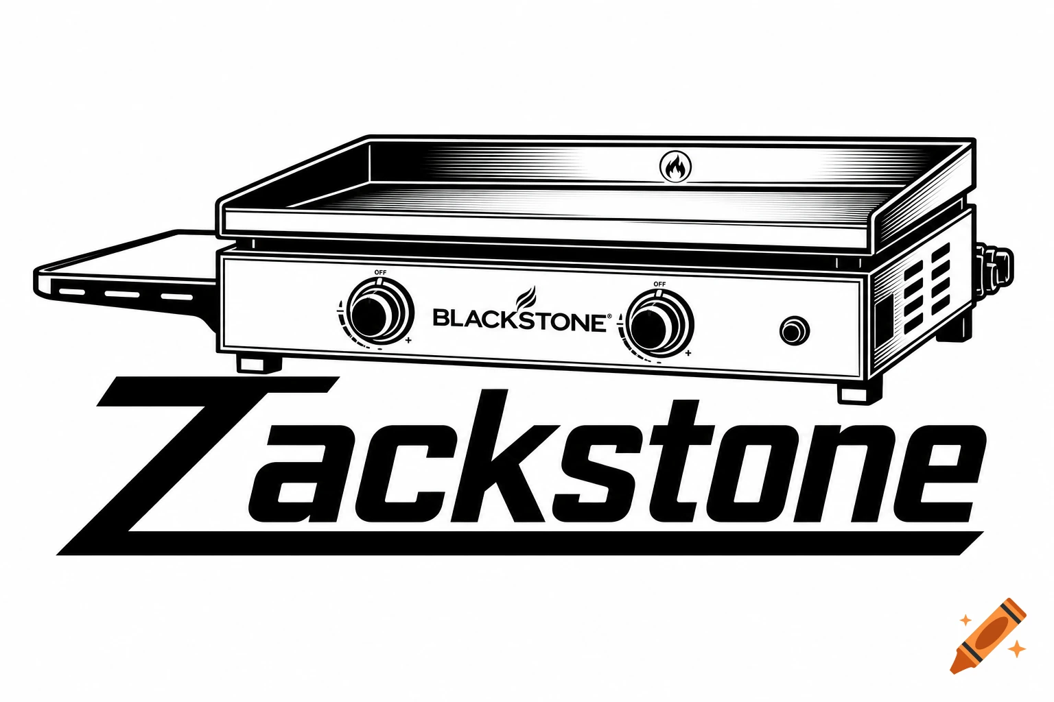 Black and white logo illustration of a griddle with 'BLACKSTONE' on it and 'Zackstone' below, on a white background.