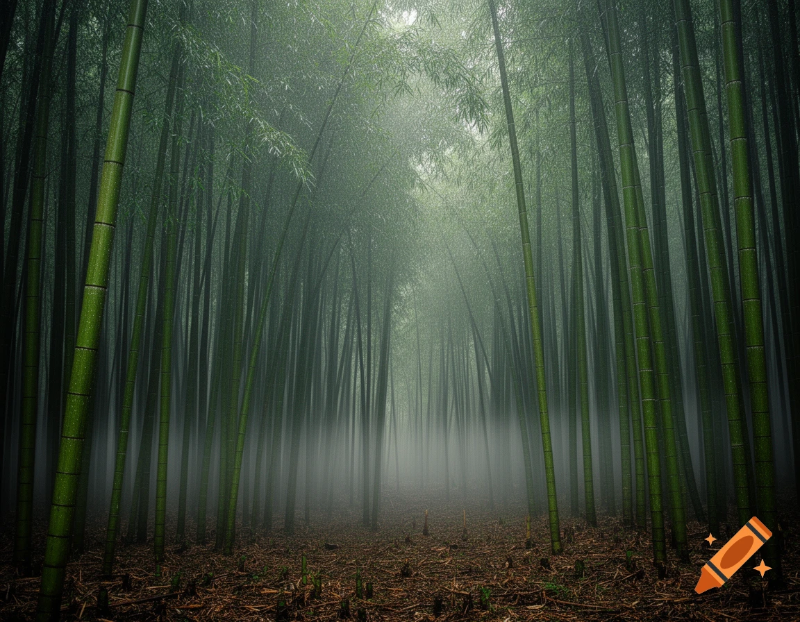 A dense, misty bamboo forest with tall green stalks and a ground covered in brown leaves.