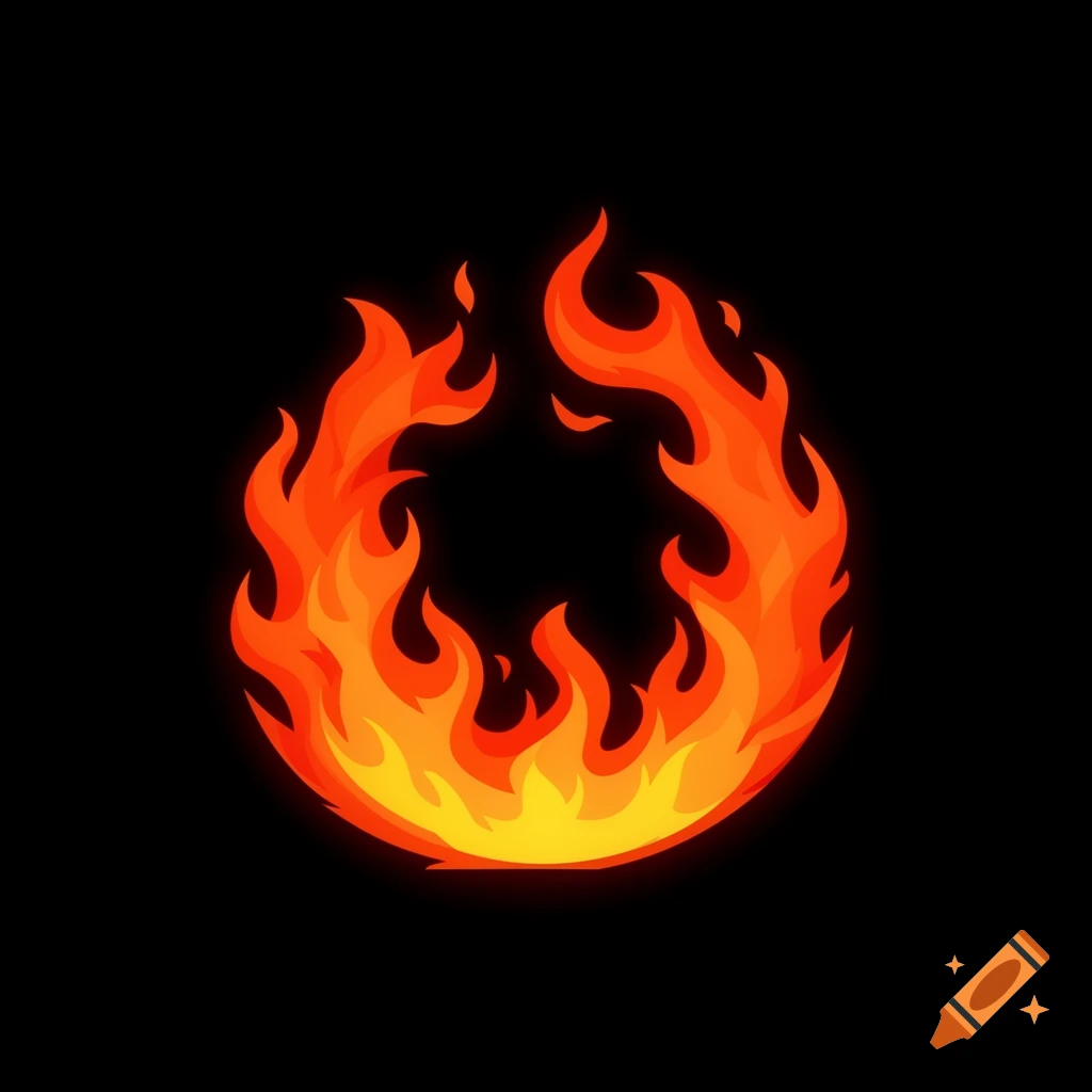 A stylized circular fire icon with orange and yellow flames against a black background.