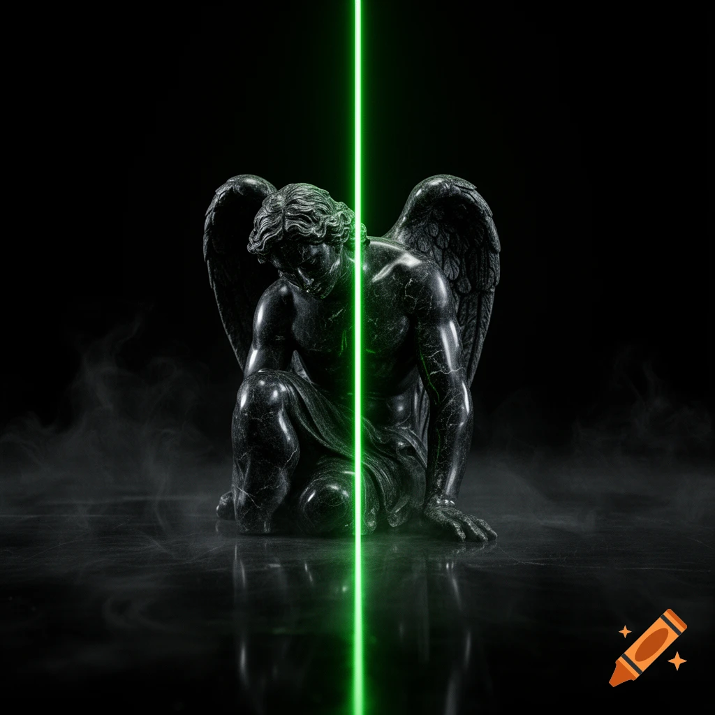 A dark marble fallen angel statue is bisected by a neon green laser beam, surrounded by fog on a reflective black floor.