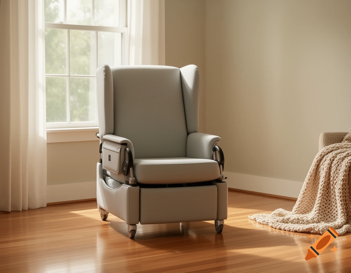 A photorealistic image of a light gray special-purpose recliner chair in a bright room with a large window, sheer curtains, and a wooden floor.
